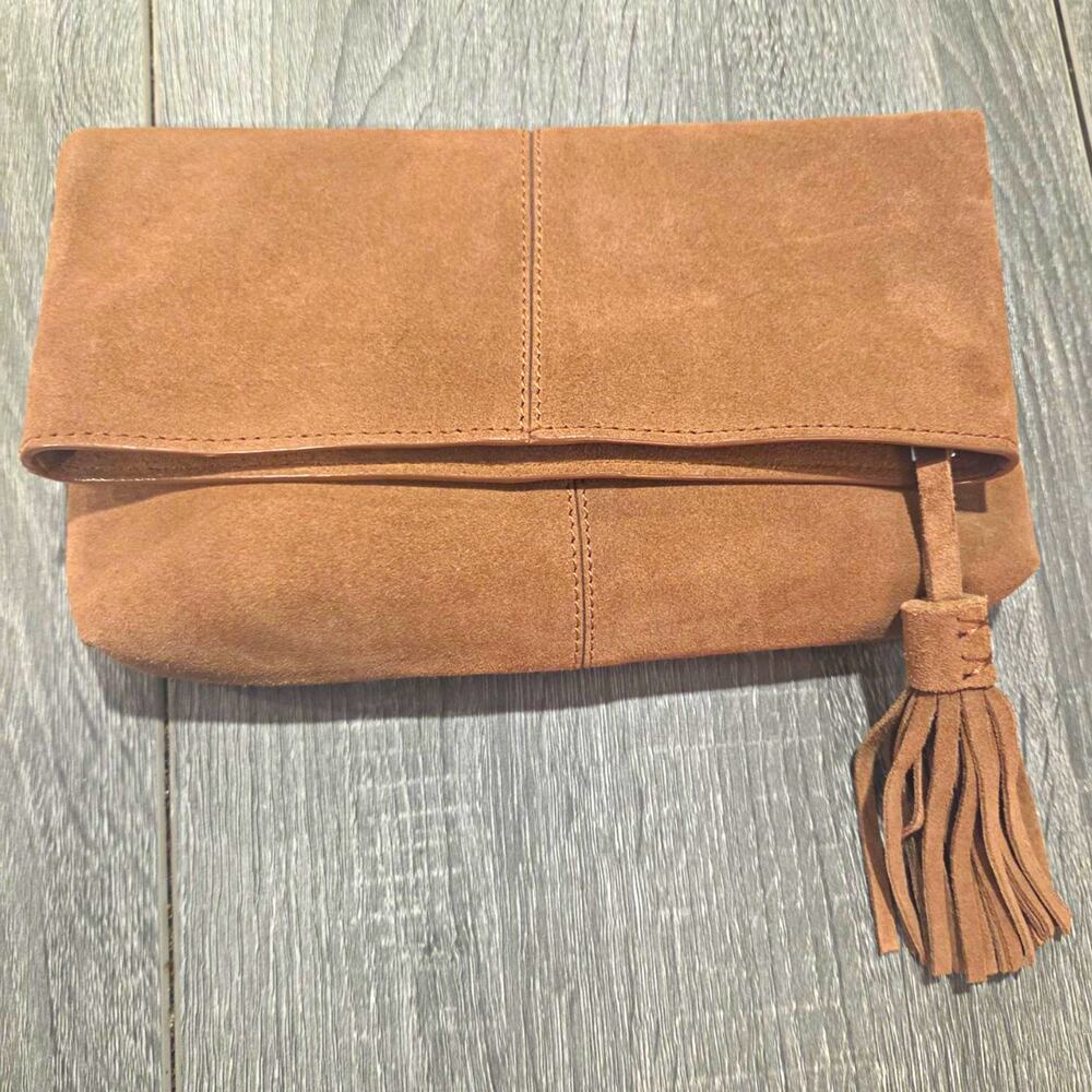 Women’s Brown Suede Foldover Zip Clutch Bag with Tassel Accent, Solid Rectangle